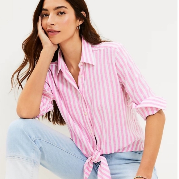 LOFT, Pink Striped Linen Blend Button Down Tie Front Everyday Shirt SZ Large - Picture 3 of 14